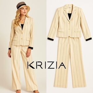 VTG Krizia,Italy Pinstripe Blazer & Pants Cream Black Trim Suit Set Size 42/US 6
